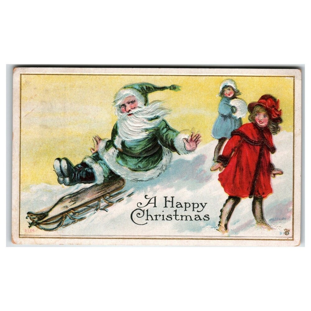Vintage Green Suit Santa Sledding Christmas Postcard Embossed Kids Snow Scene